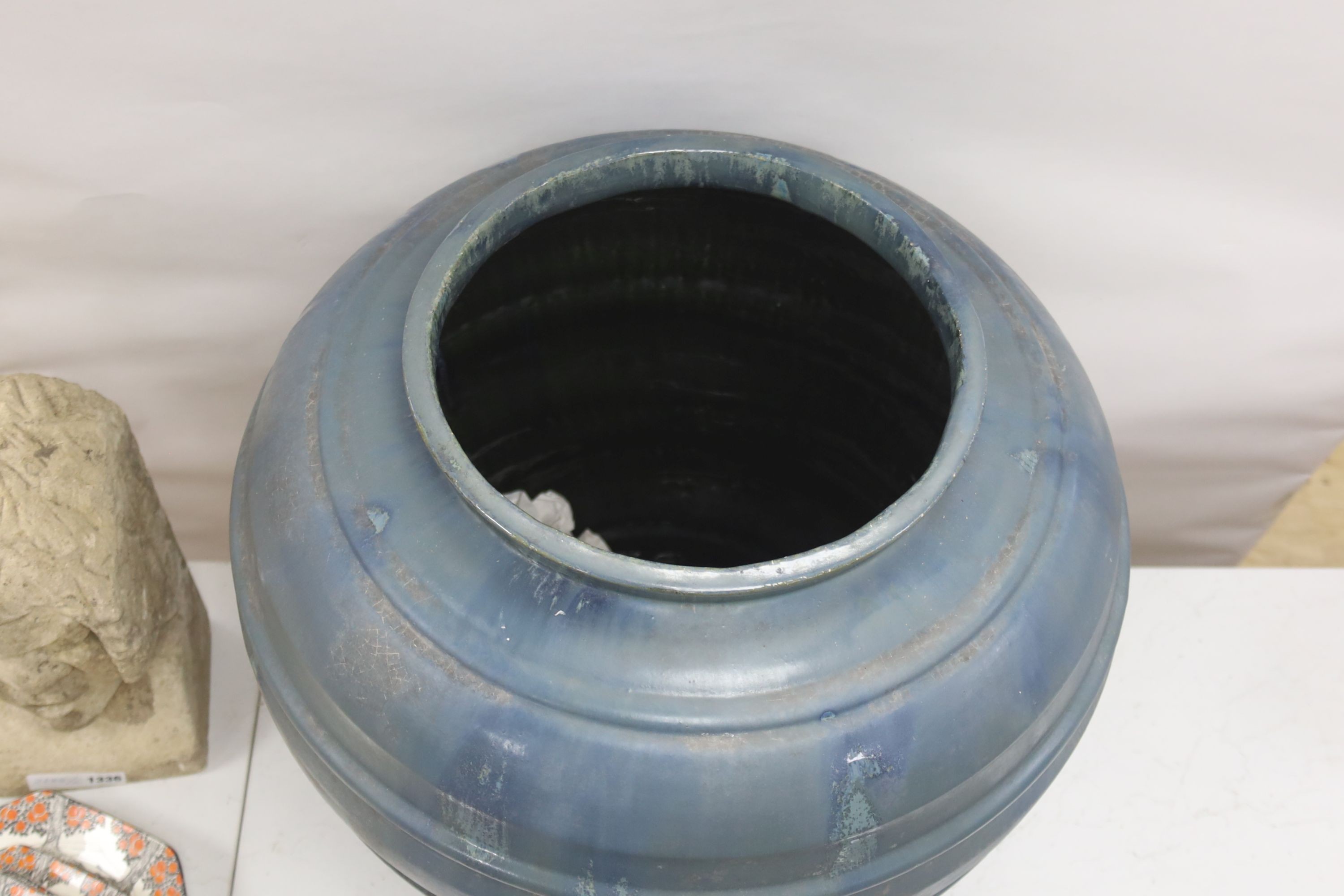 A large blue glazed terracotta pot 53cm